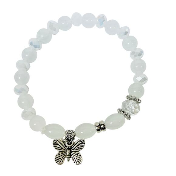 Chinese Style Glass Bead Double Bracelet Metal Butterfly Charms White Blue - Picture 2 of 3